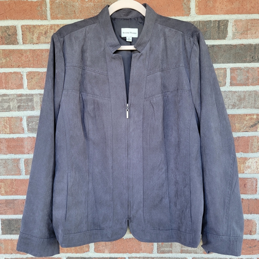 Studio Works Women's Gray Faux Suede Zippered Jacket Size 18